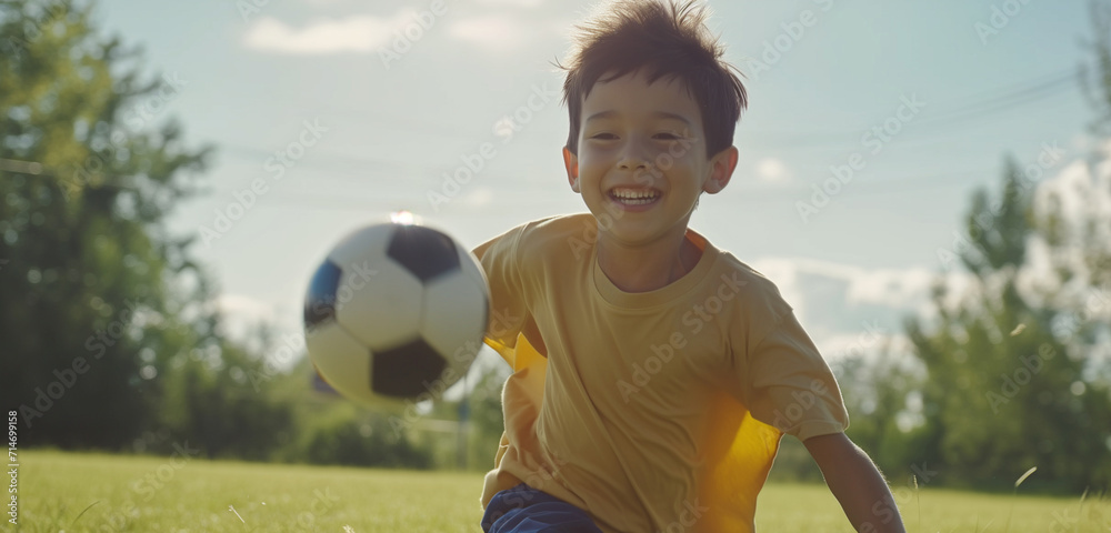 A young boy with bright smile playing soccer on a sunlit field, radiating pure happiness and the innocence of childhood A young boy with bright smile playing soccer on a sunlit field, radiating pure happiness and the innocence of childhood