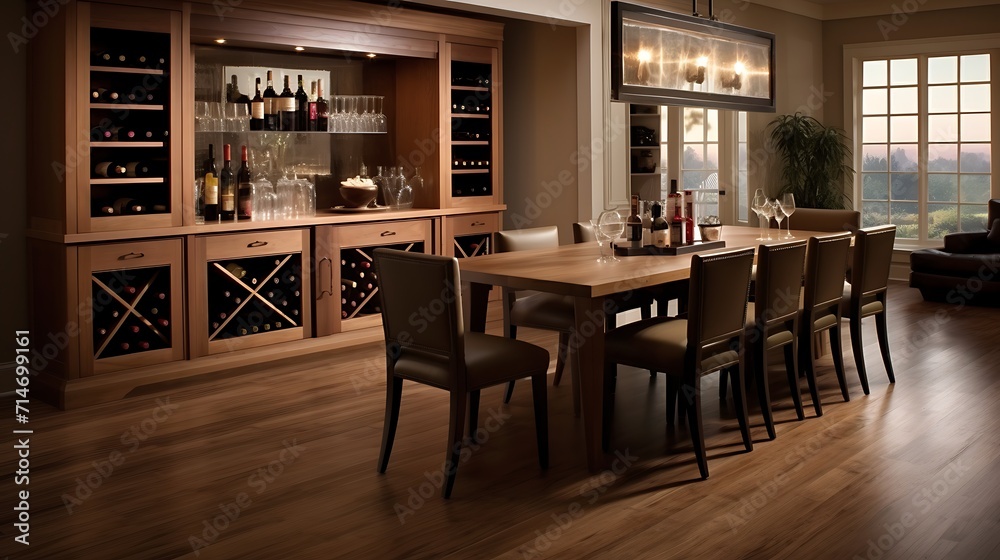 A dining room with a built-in bar or wine storage.