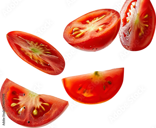 Sliced tomatoes splashing isolated on transparent background. PNG