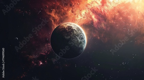 Fire planet . Sunset view from the surface of an alien world, Mysterious alien landscape, space background for pc, desktop planet wallpaper, fantasy 