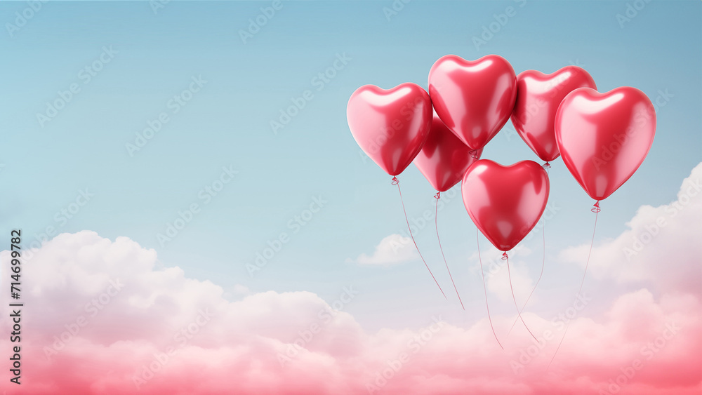 Red heart balloons floating in the sky with Copyspace. Happy Valentines Day. Wedding background, greeting cards, invitation