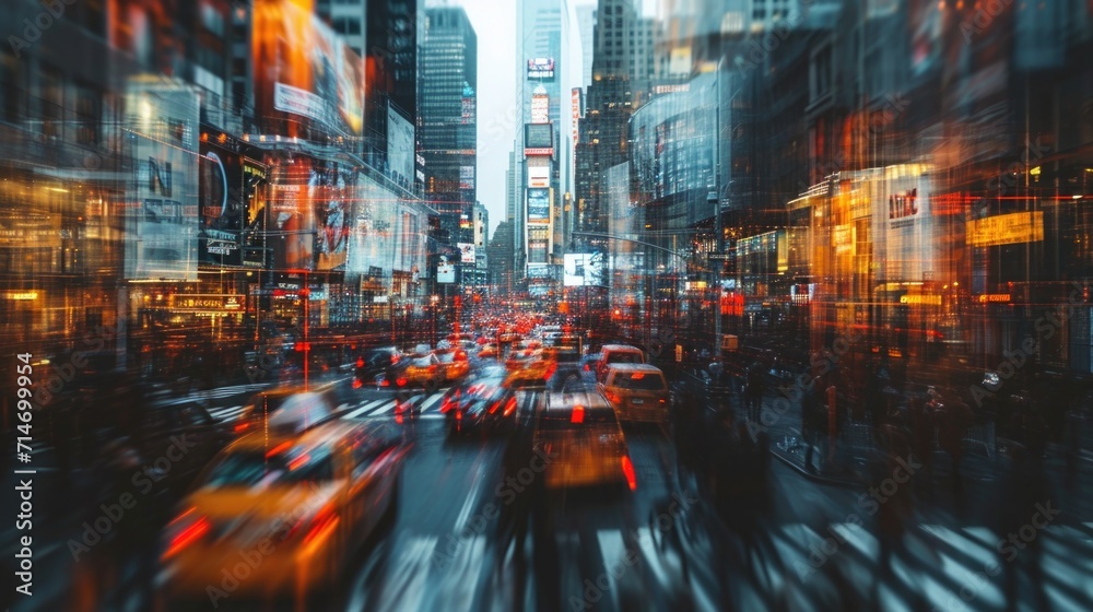 Out of focus with multiple overlapping exposures of a busy city street
