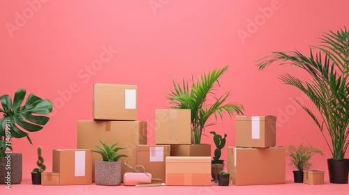 Craft delivery boxes on pink background. Online shopping and parcel service concept © Hope