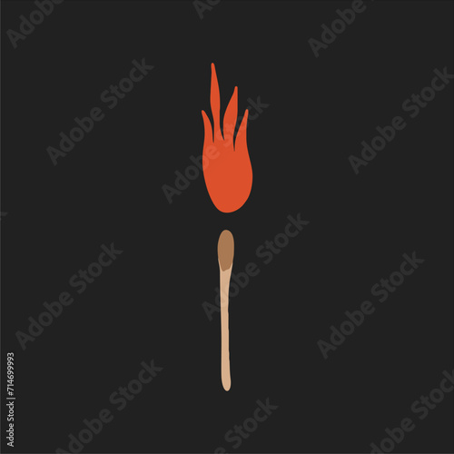 Match on fire, flame. Hot design. Hand drawn vector illustration isolated on black background.