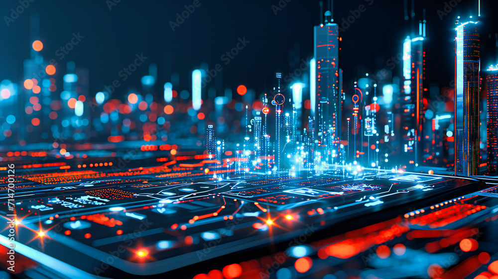 Technology network connecting modern city buildings, illustrating smart urban development. - obrazy, fototapety, plakaty 