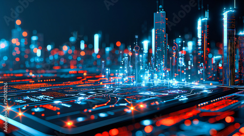 Technology network connecting modern city buildings, illustrating smart urban development.