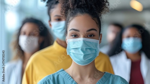 Line of people diverse on protecting masks , virus on blurred hospital background 