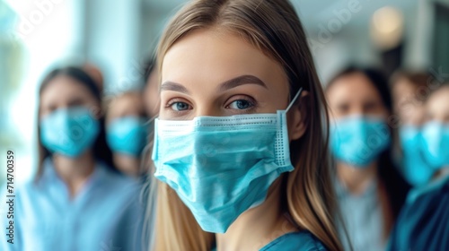 photo of people diverse on protecting masks , virus on blurred hospital background 