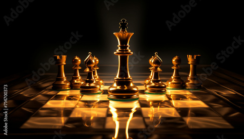 chess board with glowing golden Queen piece
