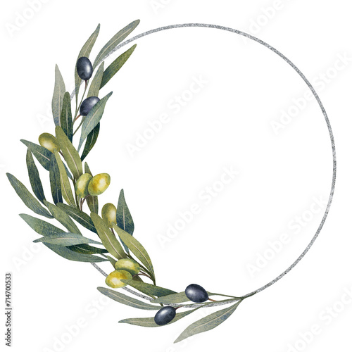 Wallpaper Mural round wreath with olive branch and silver outline. watercolor olive leaves, green and black olives fruit isolated on white. Hand drawn floral illustration, circle frame for wedding design, logo, menu Torontodigital.ca