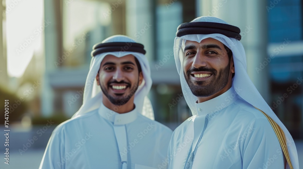 Two successful middle eastern entrepreneurs in traditional dress smiling happily for the camera after closing a business deal Two successful middle eastern entrepreneurs in traditional dress smiling happily for the camera after closing a business deal