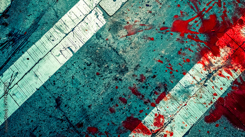 A gritty overhead view of an urban crime scene with stark white painted lines and splatters of red suggestive of blood on the grey concrete, conveying a sense of foreboding and investigation. photo