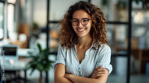 Student young smiling woman looking at camera with crossed arms. Happy girl standing in creative office. Successful stager standing in office with copy space. 