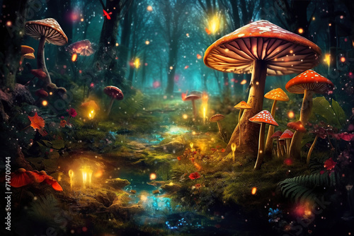 Magical glowing mushrooms in a fairy forest. Generative AI illustration. © Anastasia