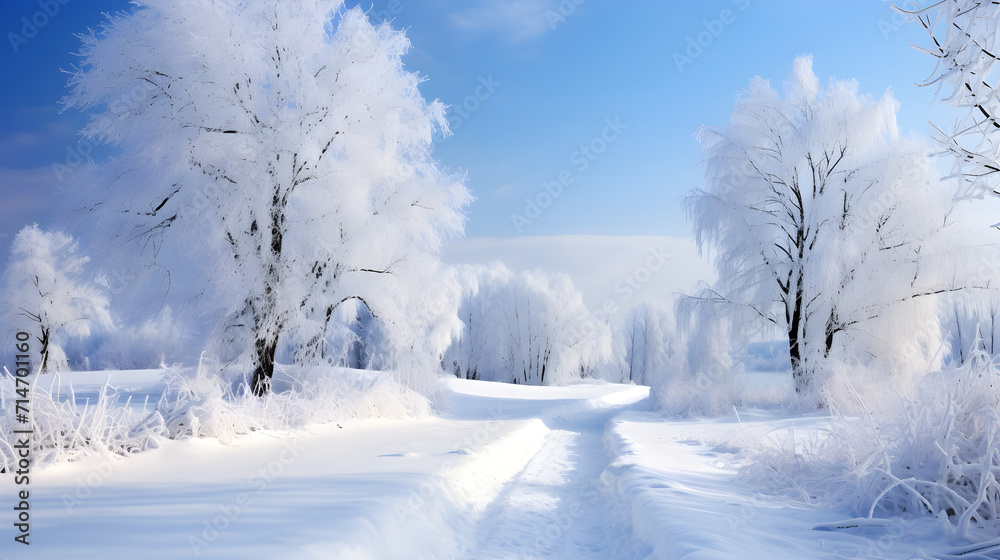 Beautiful winter landscape of a snowy road with trees in hoarfrost. Pristine pure white snow in drifts. Winter fairytale landscape