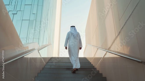 Proud Saudi Arab man approaching the future climbing stairs. Emirati successful muslim man moving forward to new challenges wearing traditional 