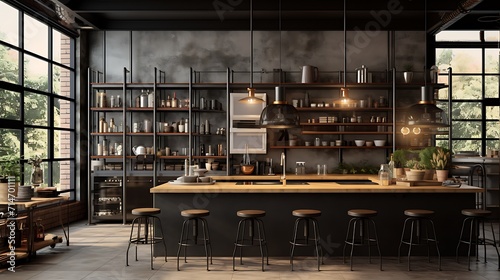 A kitchen with an industrial look using metal and concrete.