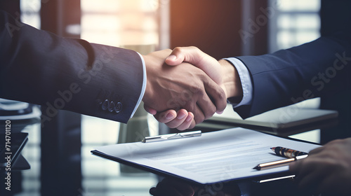 Image of a handshake. Successful businessmen shaking hands after a good deal. Horizontal, blurred background Business partnership meeting. 