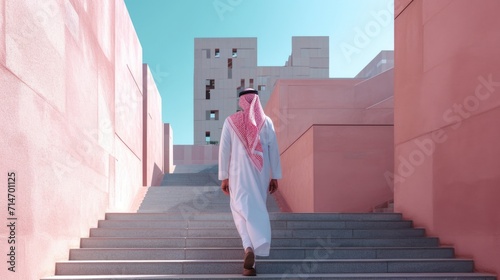 Proud Saudi Arab man approaching the future climbing stairs. Emirati successful muslim man moving forward to new challenges wearing traditional 