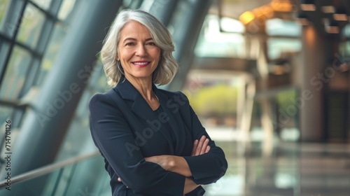 Pretty smiling older business woman  successful confidence with arms crossed in financial building