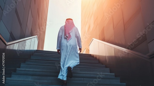 Proud Saudi Arab man approaching the future climbing stairs. Emirati successful muslim man moving forward to new challenges wearing traditional 