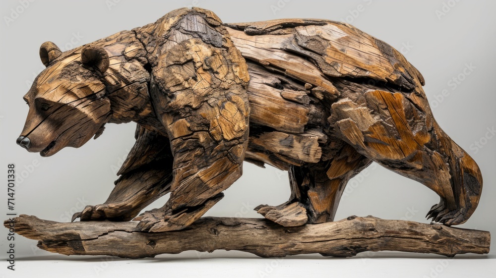 A bear sculpture carved from wood. Wooden art object of an animal with many age cracks in the wood