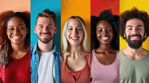 Row Of Multiracial People Faces Posing Smiling To Camera Over Colored Backgrounds. Line Of Diverse Headshots In Collage. Collection Of Happy Human Portraits. Social Diversity Concept. Panorama