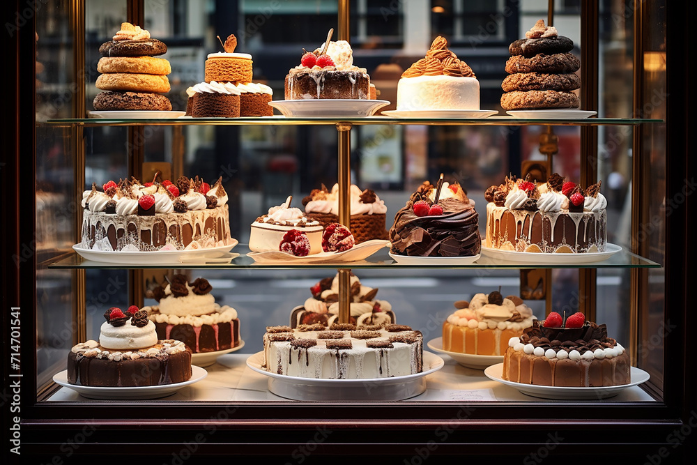 Fototapeta premium Pastry shop display window with cakes