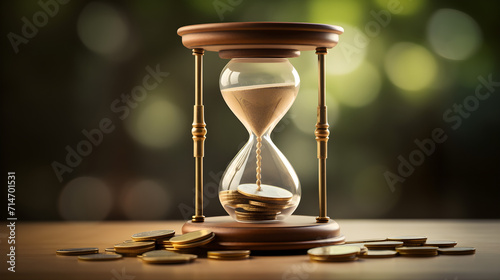 The image of time is money. Time and time is money concept with hourglasses and coins. Hourglass on green background with bokeh. Generative AI photo