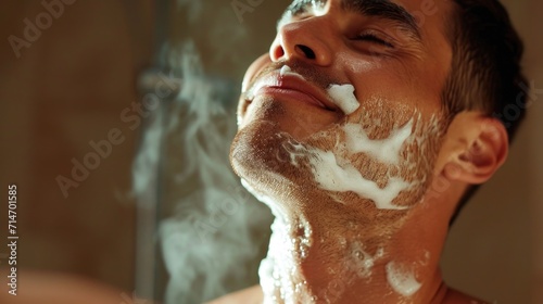 Brush, shaving cream and face of man in studio isolated on a gray background for hair removal. Beard care portrait, skincare and male model with facial product, foam or gel to shave for wellness. photo