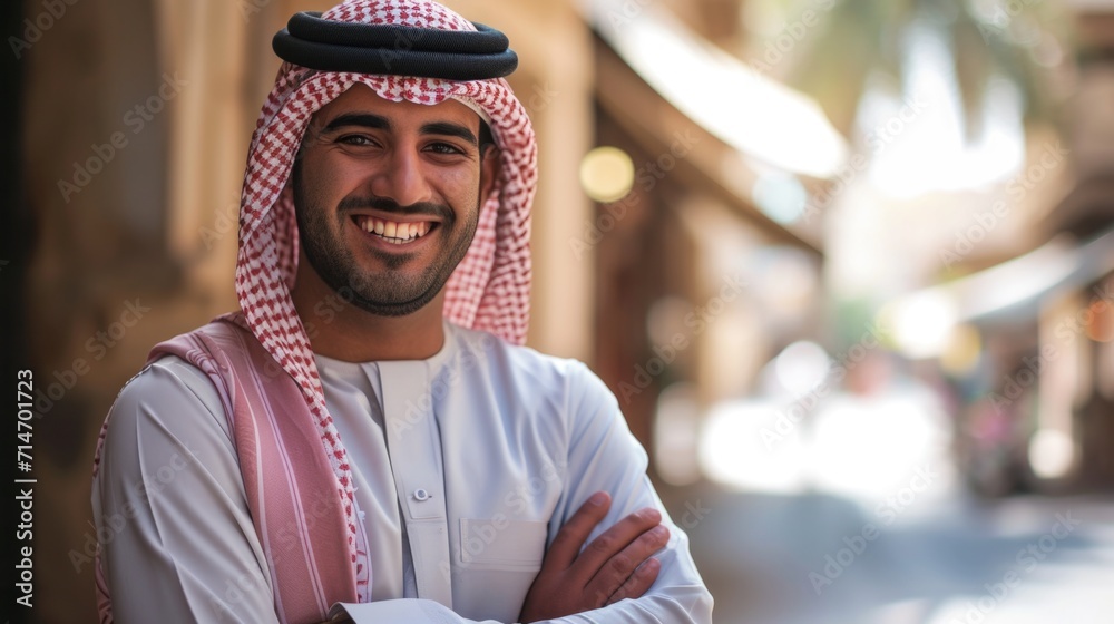 Fototapeta premium Young smiling arabian man with arms crossed