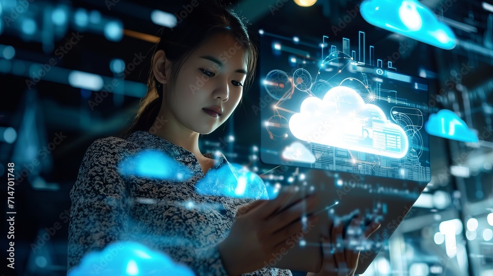 Woman Looking at Tablet With Cloud, Technology and Connectivity Concept Woman Looking at Tablet With Cloud, Technology and Connectivity Concept