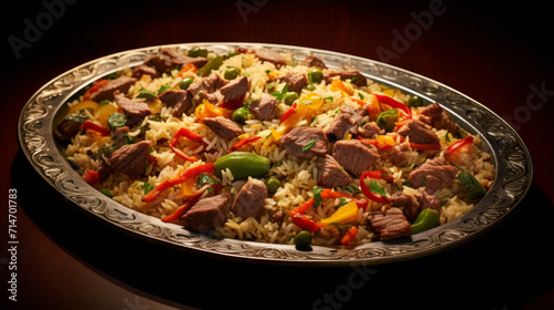 A platter of Uzbek plov, a hearty rice dish with meat and vegetables, often eaten during ramadan in Central Asia