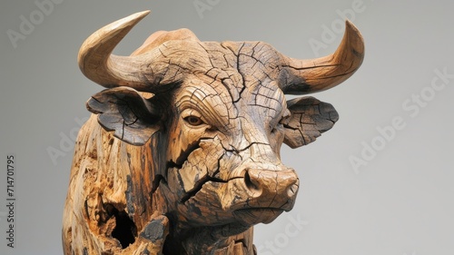 A bull sculpture carved from wood. Wooden art object of an animal with many age cracks in the wood
