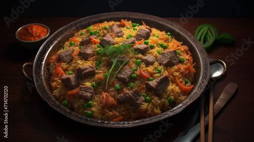 A platter of Uzbek plov, a hearty rice dish with meat and vegetables, often eaten during ramadan in Central Asia