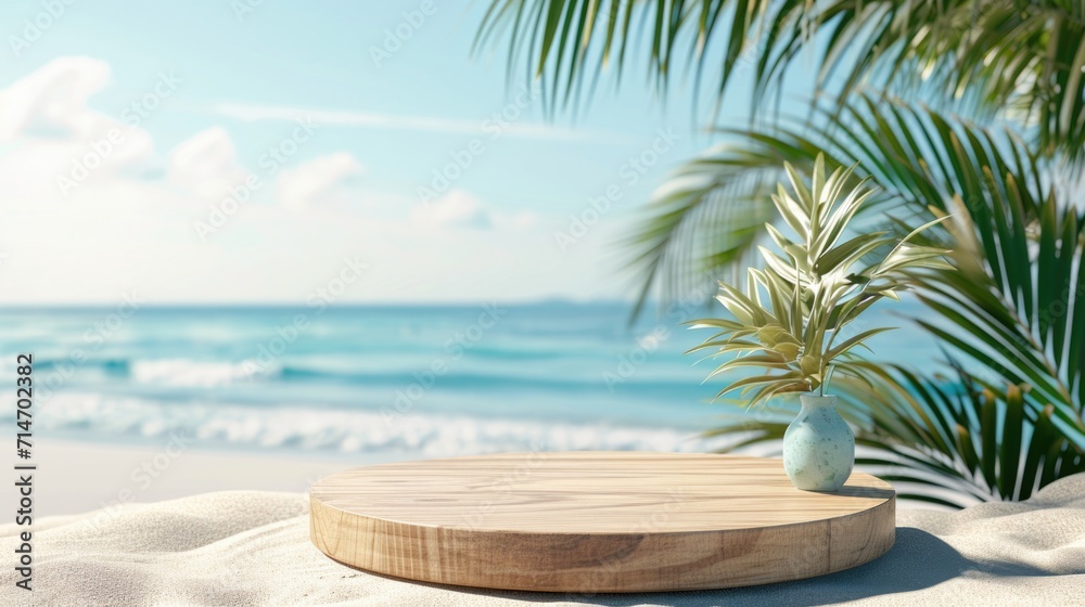 Summer product display on wooden podium at sea tropical beach - obrazy, fototapety, plakaty 
