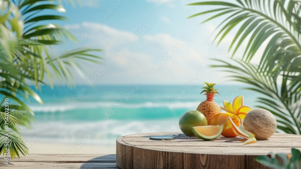 Summer product display on wooden podium at sea tropical beach and exotic fruits Summer product display on wooden podium at sea tropical beach and exotic fruits