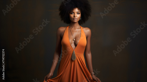 Beautiful dark-skinned model in a long orange dress with a neckline on a dark background in the studio photo