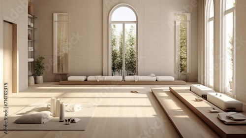 Spacious and tranquil Zen-inspired spa interior with natural light and minimalist decor