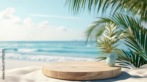 Summer product display on wooden podium at sea tropical beach