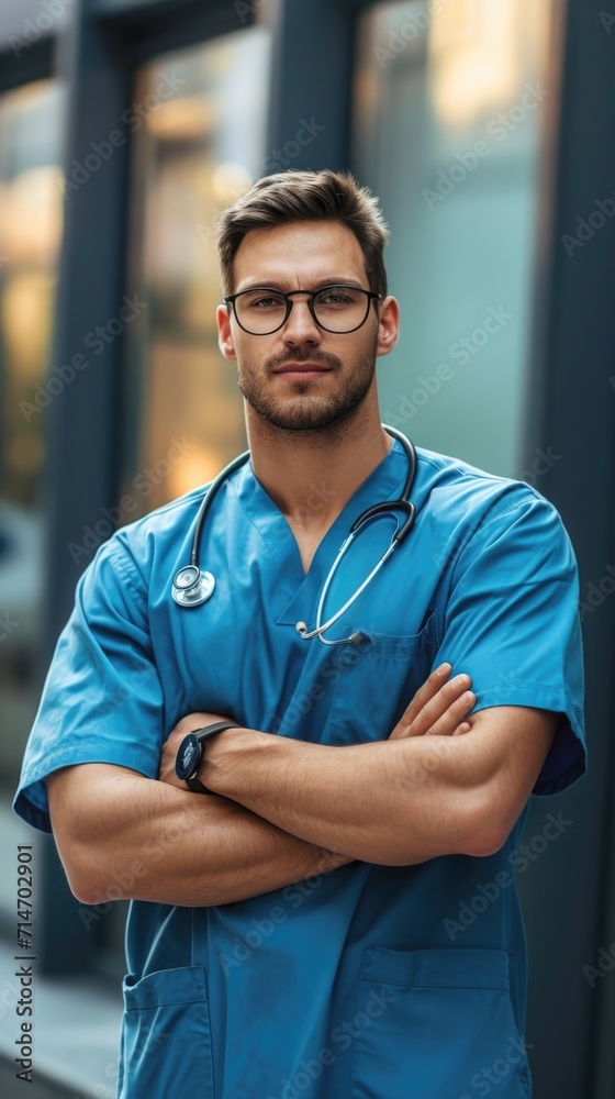 Portrait of happy friendly male latin doctor medical worker wearing white coat with stethoscope around neck standing in modern private clinic looking at camera. Medical healthcare concept. Portrait of happy friendly male latin doctor medical worker wearing white coat with stethoscope around neck standing in modern private clinic looking at camera. Medical healthcare concept.