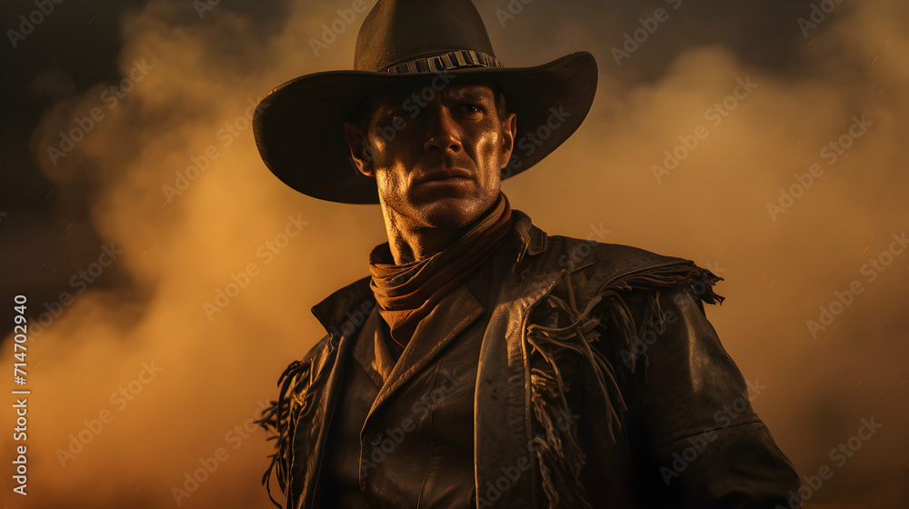 Western cowboy portrait on a background of smoke