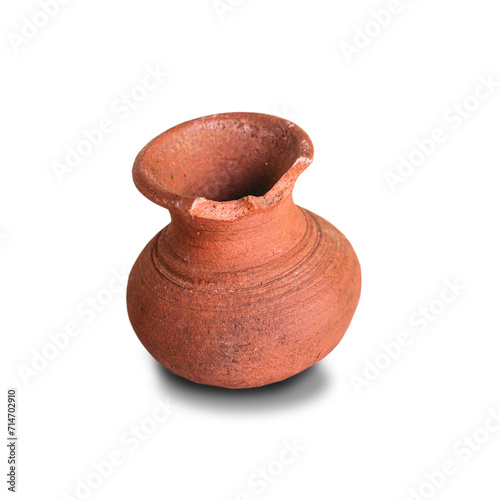 Old clay pot isolated on a white background, a small red pot in Myanmar.