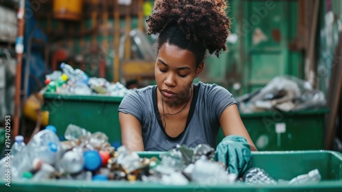 Yong black volunteer mixrace woman on green sorts garbage separating plastic and paper photo