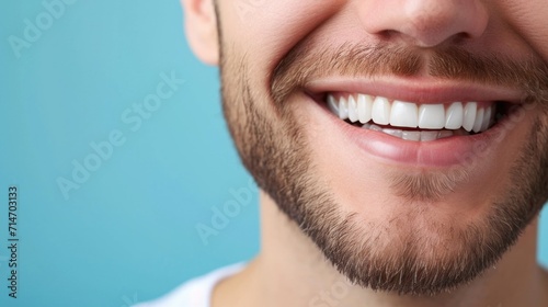 Wide shot with copy space on man's perfect teeth smile on blue with copy space .