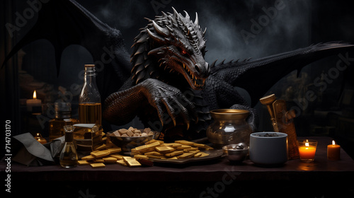 The black dragon alchemist creates gold. Detailed photorealistic stern character for design.