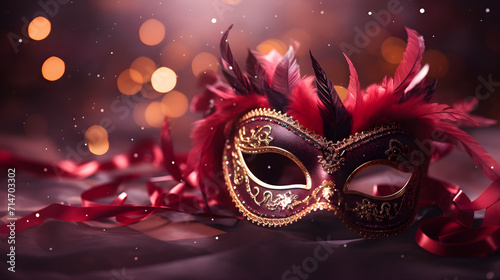 Venice Festival - Venetian carnival mask on red glitter with shiny streamers on abstract defocused bokeh lights © Anna Iluschenko