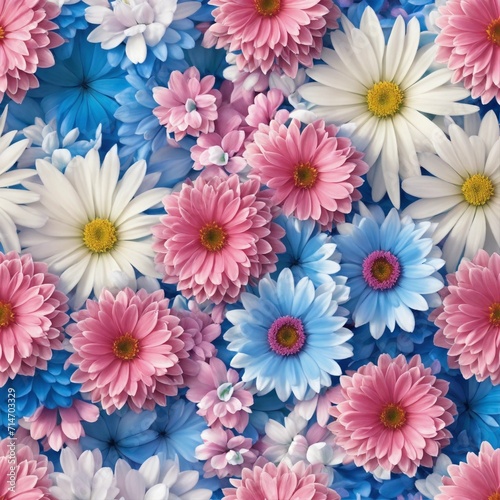 Imagine an illustration of pretty blue  pink  and white flowers 