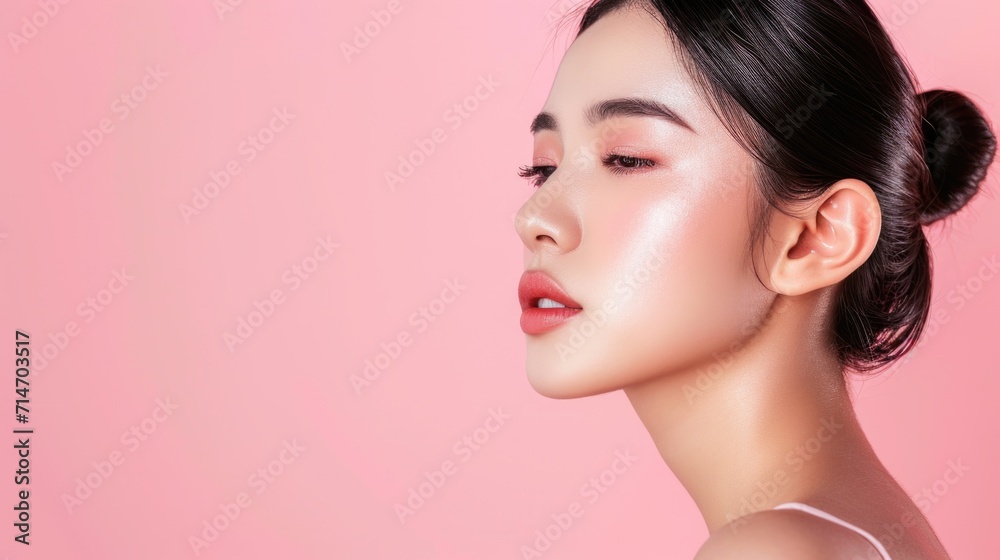 Pretty Asian beauty woman pulled back hair with korean makeup style on face and perfect skin on isolated pink background. Facial treatment, Cosmetology, plastic surgery. Pretty Asian beauty woman pulled back hair with korean makeup style on face and perfect skin on isolated pink background. Facial treatment, Cosmetology, plastic surgery.
