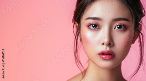 Young Asian beauty woman pulled back hair with korean makeup style on face and perfect skin on isolated pink background with copy space . Facial treatment, Cosmetology, plastic surgery.